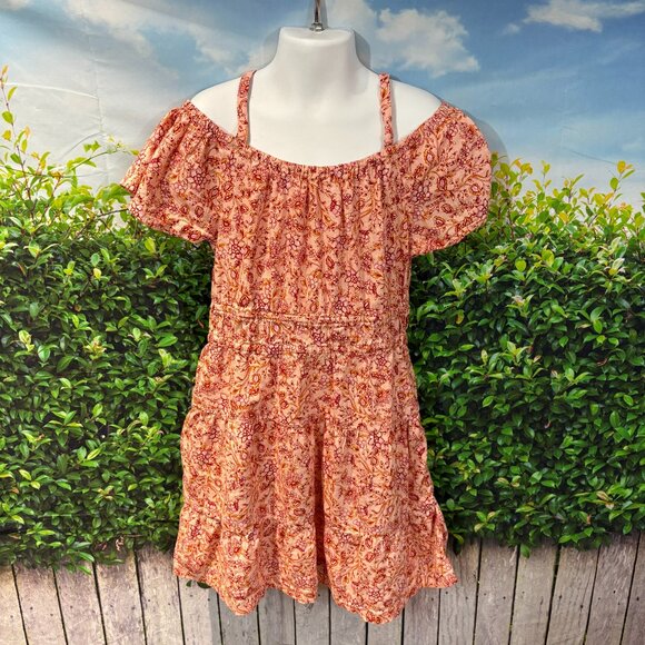 Pink Floral Foliage Off-The-Shoulder Whimisical Tiered Swing Dress Girls SKU:94G - Picture 1 of 5